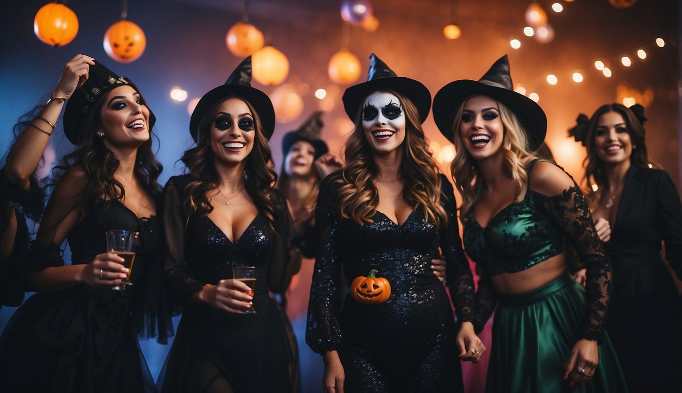 A group of women in spooky costumes dance and laugh at a Halloween-themed bachelorette party Halloween Themed Bachelorette Party