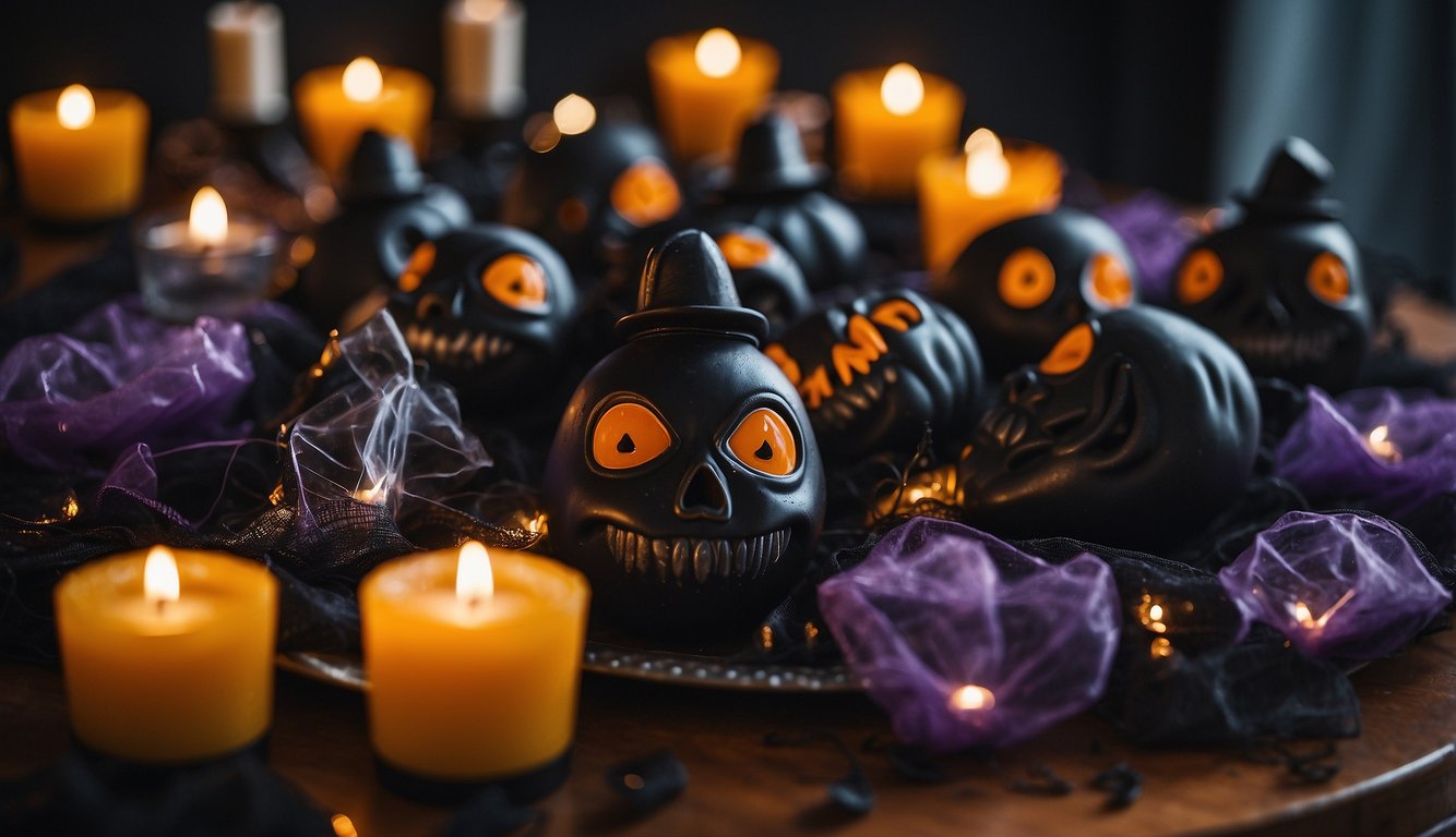 A group of spooky decorations and Halloween-themed party favors are arranged on a table, ready for the Take-Home Treasures bachelorette party Halloween Themed Bachelorette Party