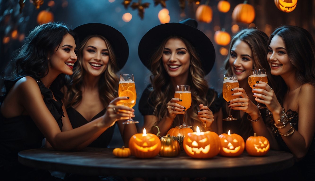 Colorful decorations, spooky props, and themed party favors fill the room. A table is adorned with creepy treats and a witch's cauldron bubbling with punch. Laughter and excitement fill the air as friends gather to celebrate the bride-to-be Halloween Themed Bachelorette Party