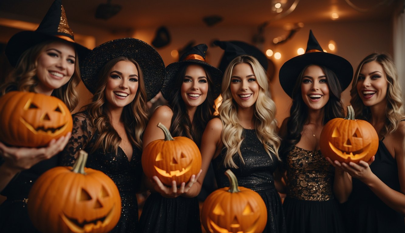 A group of women in costumes play games, carve pumpkins, and dance at a Halloween-themed bachelorette party Halloween Themed Bachelorette Party