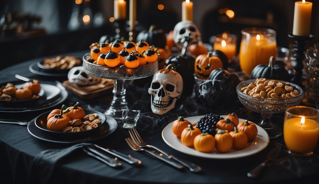A table adorned with spooky treats and cocktails, surrounded by festive decorations and costumed guests at a Halloween themed bachelorette party Halloween Themed Bachelorette Party