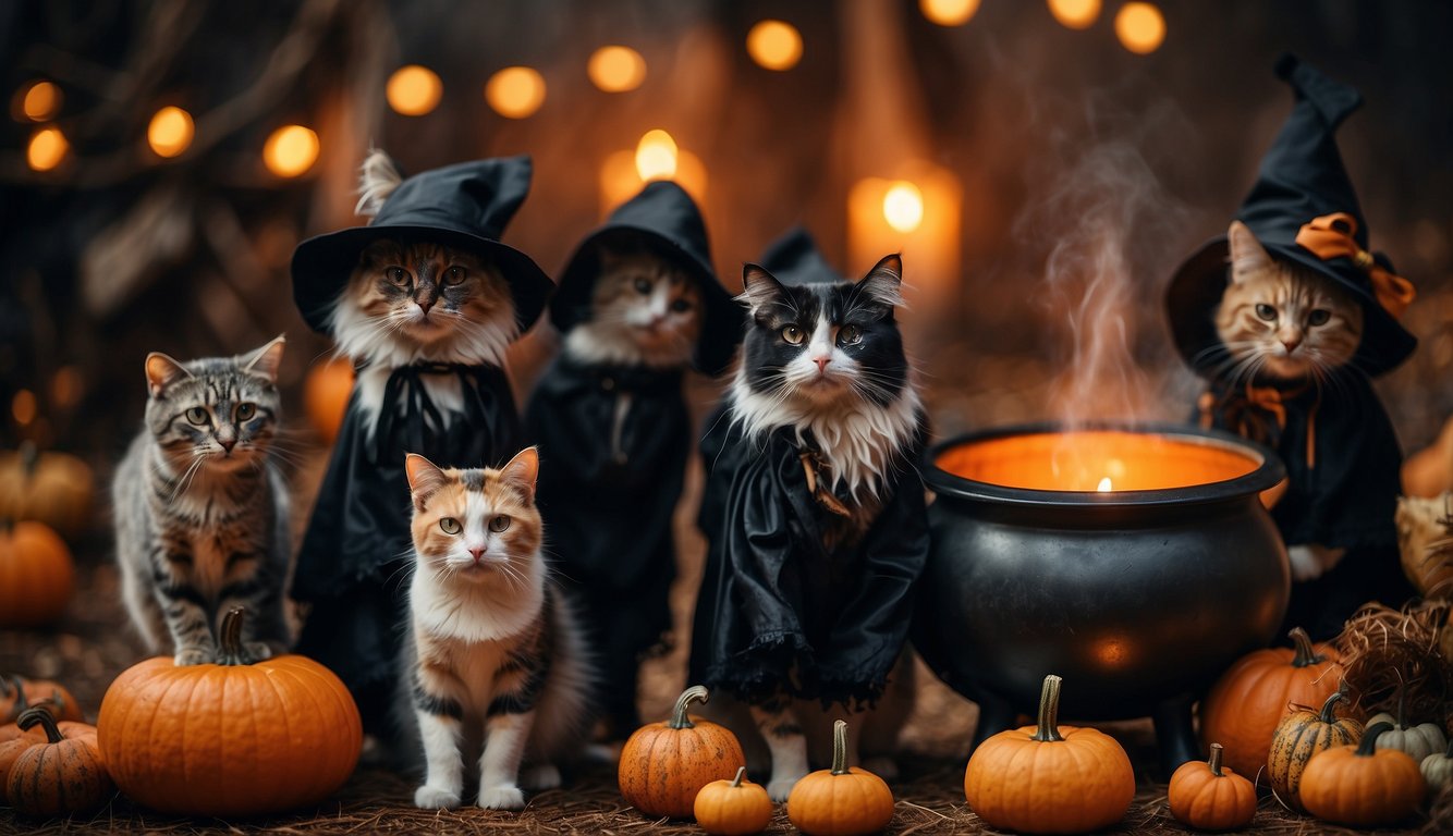 A group of witches and ghosts gather around a cauldron, surrounded by spooky decorations and jack-o-lanterns. A witch's broom and black cat are nearby Halloween Themed Bachelorette Party