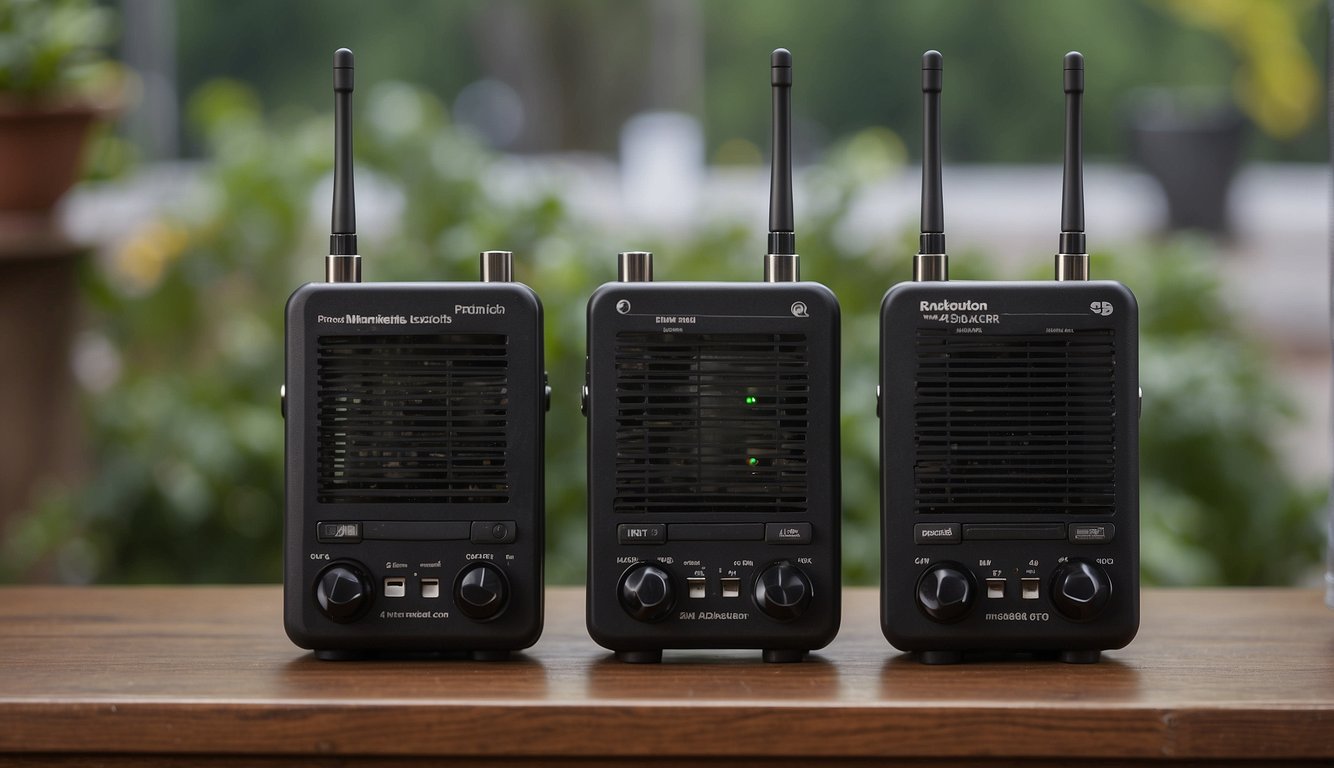 Two radios facing each other, with one transmitting and the other receiving. Antennas extended, displaying proper radio communication protocols Radio Etiquette