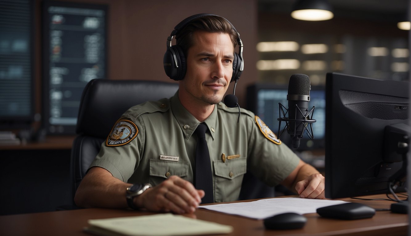 A radio operator sits at a desk, speaking into a microphone with a focused expression. A set of guidelines for radio etiquette is displayed on the wall Radio Etiquette