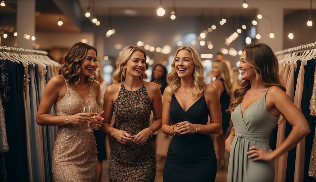 A group of women browse through racks of dresses and accessories at a trendy boutique, laughing and chatting excitedly as they search for the perfect outfits for a bachelorette party