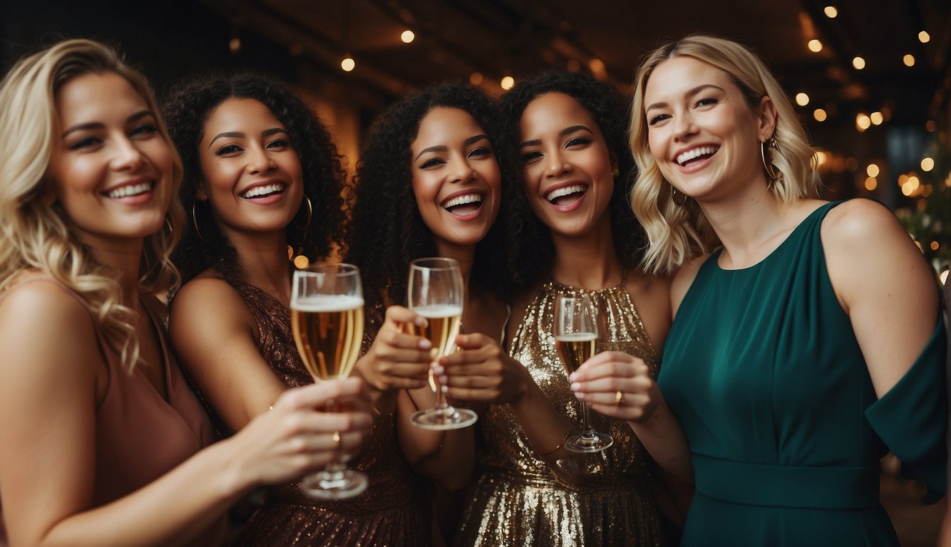 A group of women in stylish outfits, laughing and toasting with champagne at a bachelorette party. Some wear chic dresses, while others opt for trendy jumpsuits or skirts with fun tops Bachelorette Party Outfit Ideas