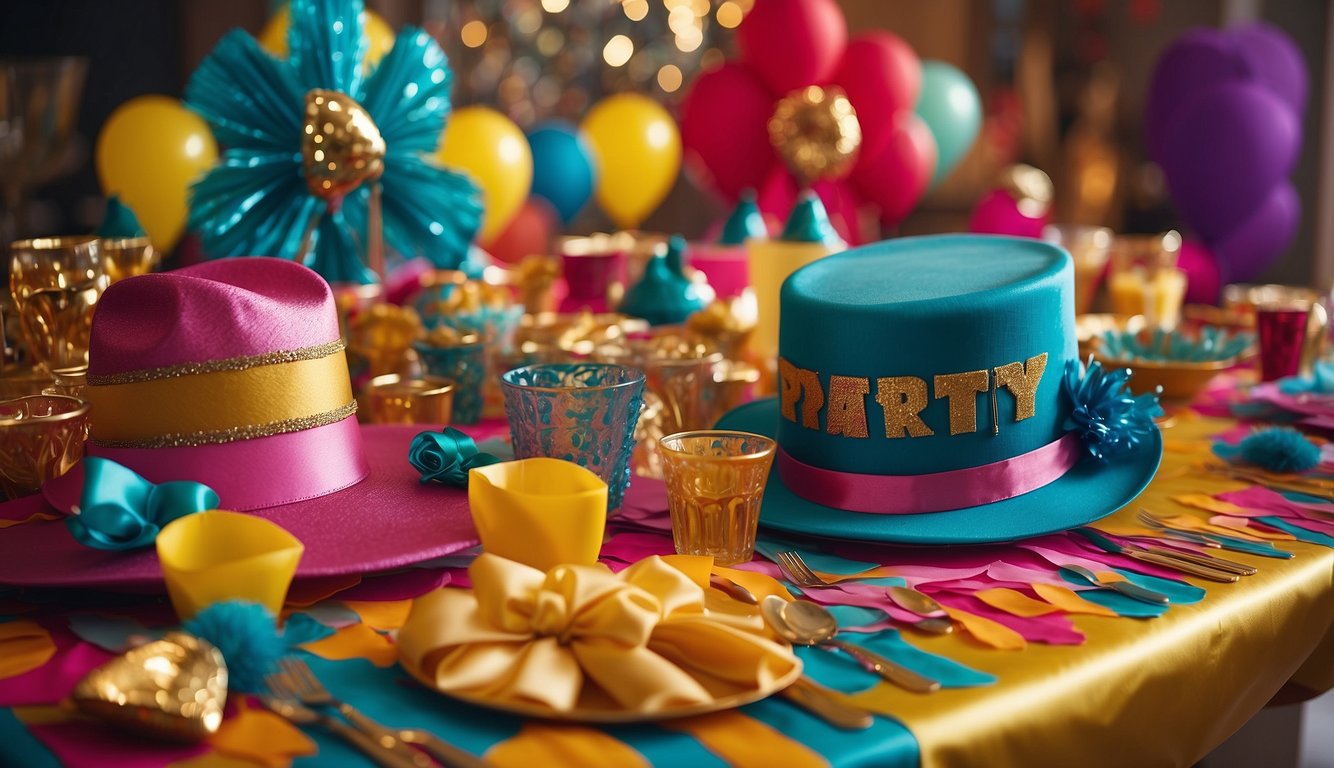 A table displaying various themed party outfit ideas, including costumes, accessories, and props. Bright colors and fun patterns create a festive atmosphere Bachelorette Party Outfit Ideas