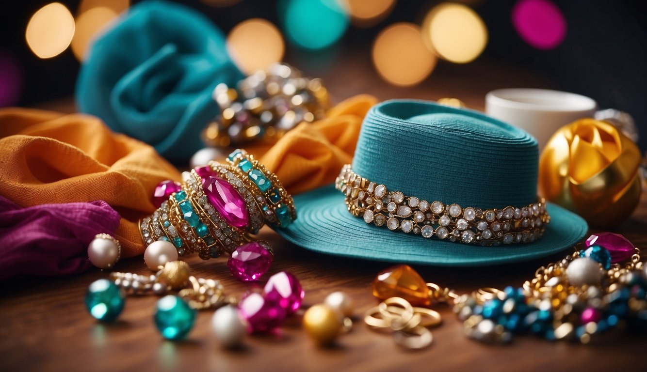 A table adorned with jewelry, scarves, and hats. Bright colors and sparkles catch the eye, creating a festive and stylish atmosphere Bachelorette Party Outfit Ideas
