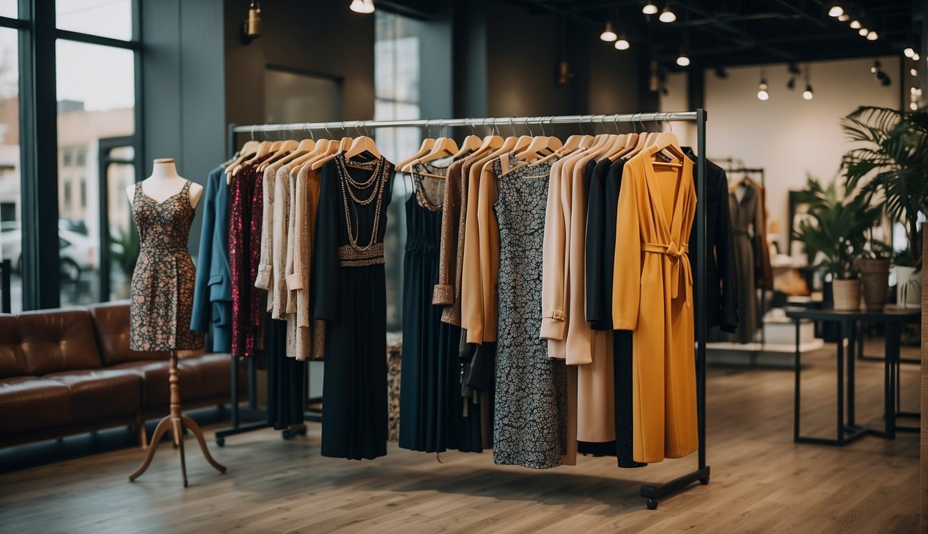 A group of stylish outfits, including dresses, jumpsuits, and accessories, displayed on a clothing rack or mannequins in a trendy boutique setting Bachelorette Party Outfit Ideas