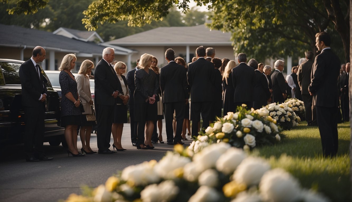 Guests line up outside a funeral home, quietly waiting to pay their respects. The atmosphere is solemn, with soft music playing in the background Funeral Visitation Etiquette