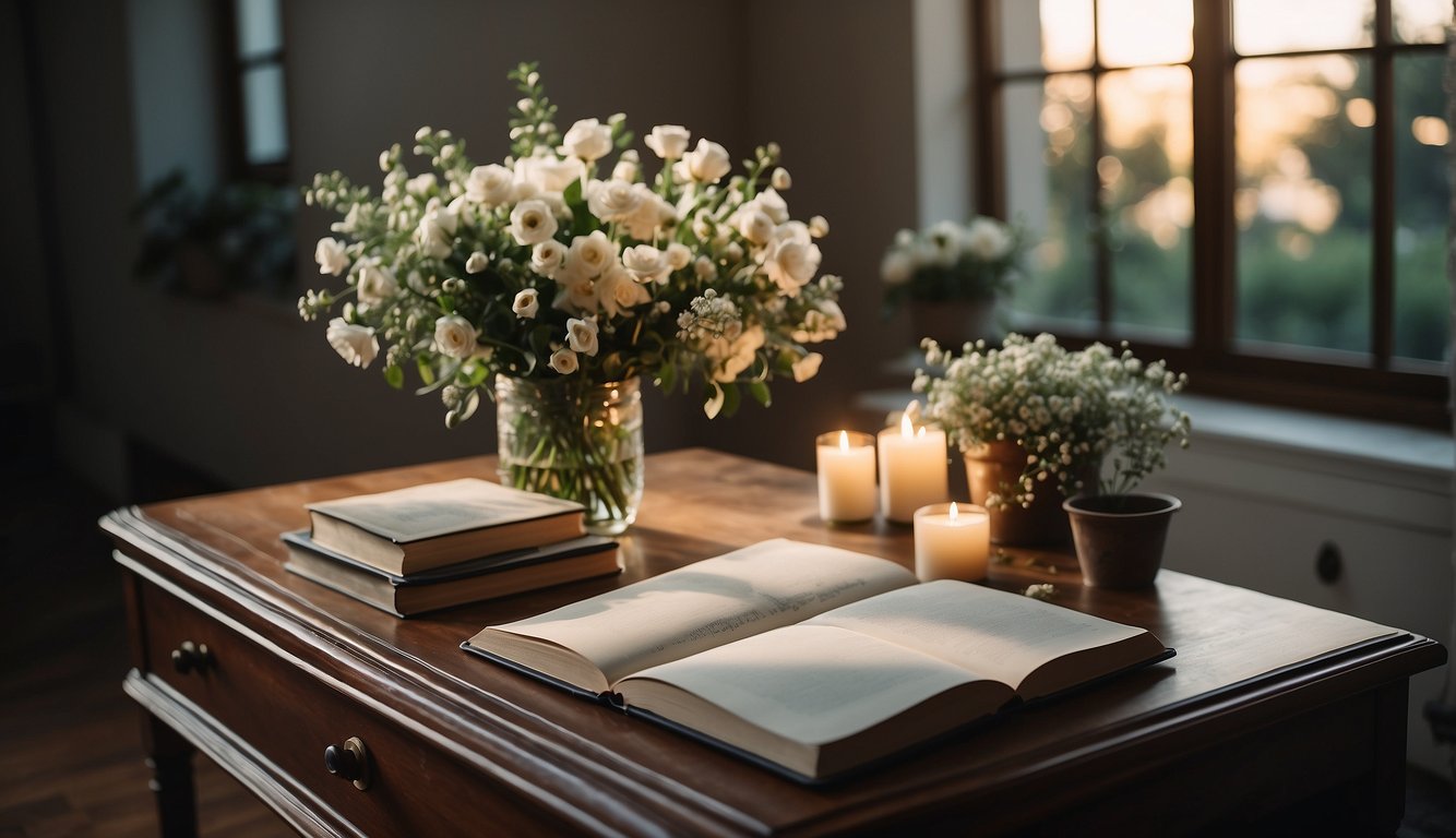 A somber room with soft lighting, floral arrangements, and a guest book for visitors to sign. A respectful and quiet atmosphere prevails Funeral Visitation Etiquette