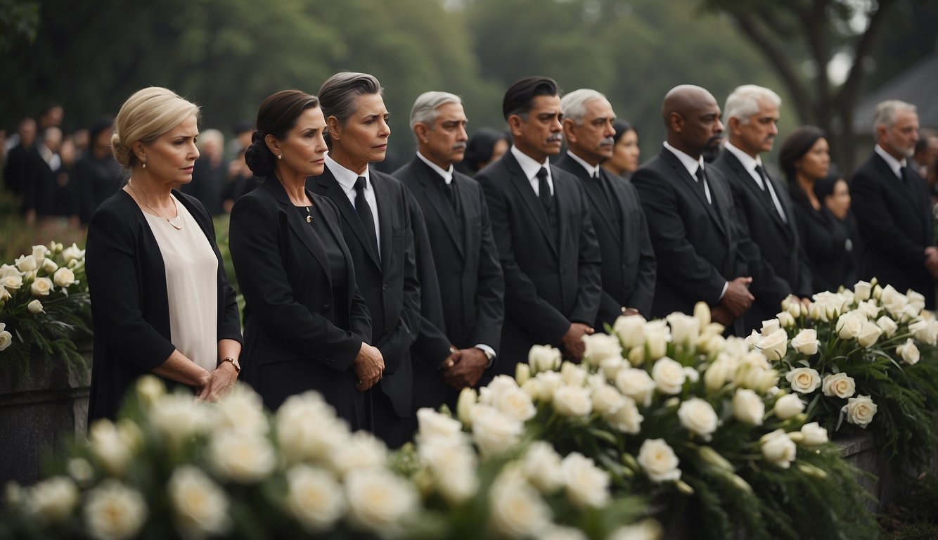 A group of mourners gather in a solemn and respectful manner, observing cultural and religious funeral visitation etiquette. Symbols of their faith and cultural traditions are present, creating a somber and reverent atmosphere Funeral Visitation Etiquette