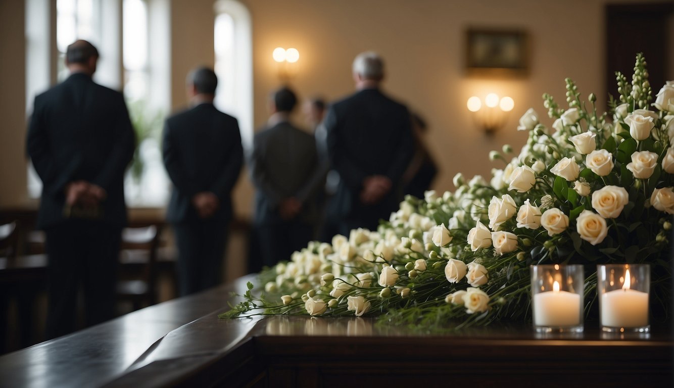 Mourners quietly pay respects, flowers and photos line the room, soft lighting creates a somber atmosphere Funeral Visitation Etiquette