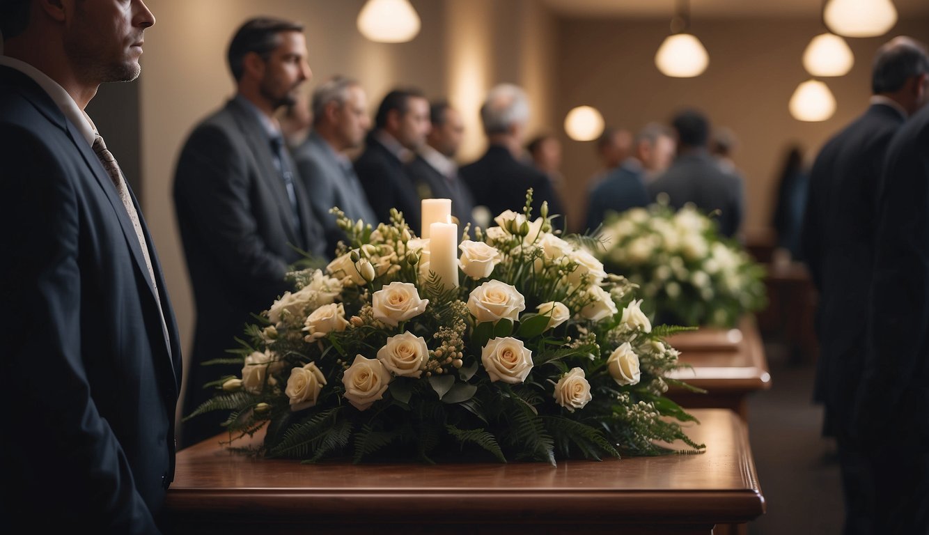 A somber room with guests lined up, offering condolences and support to the grieving family. Soft lighting and subdued colors create a respectful atmosphere Funeral Visitation Etiquette