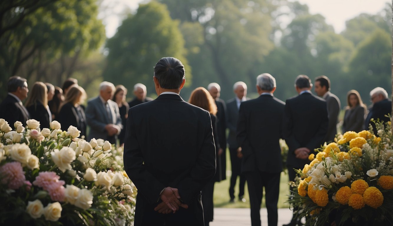 Mourners quietly converse, paying respects to the deceased. Flowers adorn the room, and soft music plays in the background Funeral Visitation Etiquette
