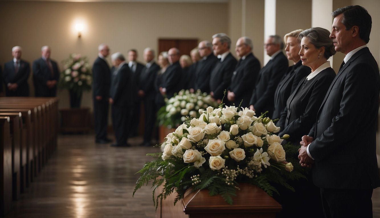 Mourners pay respects with solemn faces, offering condolences and flowers at a dimly lit funeral home Funeral Visitation Etiquette