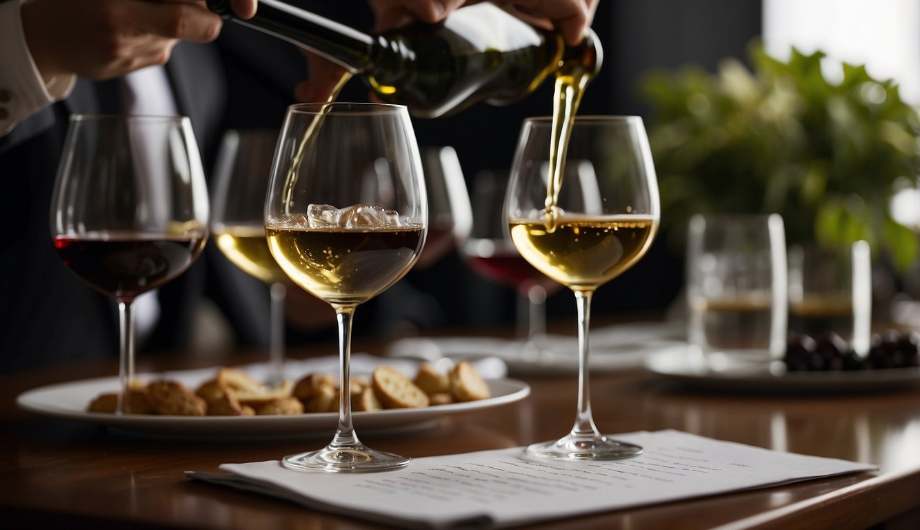 A table set with various wine glasses, bottles, and tasting notes. A sommelier pouring wine into a glass, while others observe and take notes Wine Etiquette