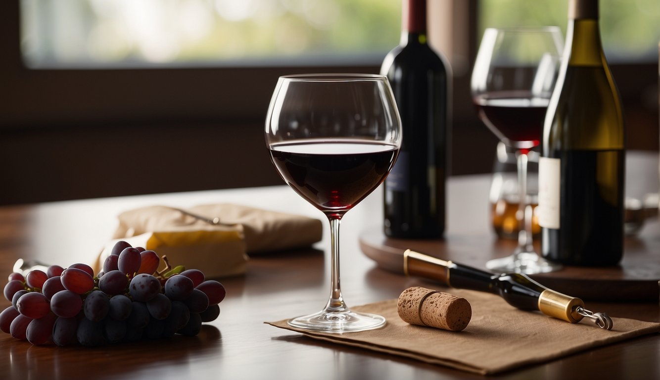 A table set with wine glasses, a bottle, and a corkscrew. A wine opener and a decanter nearby. A book on wine basics open on the table Wine Etiquette