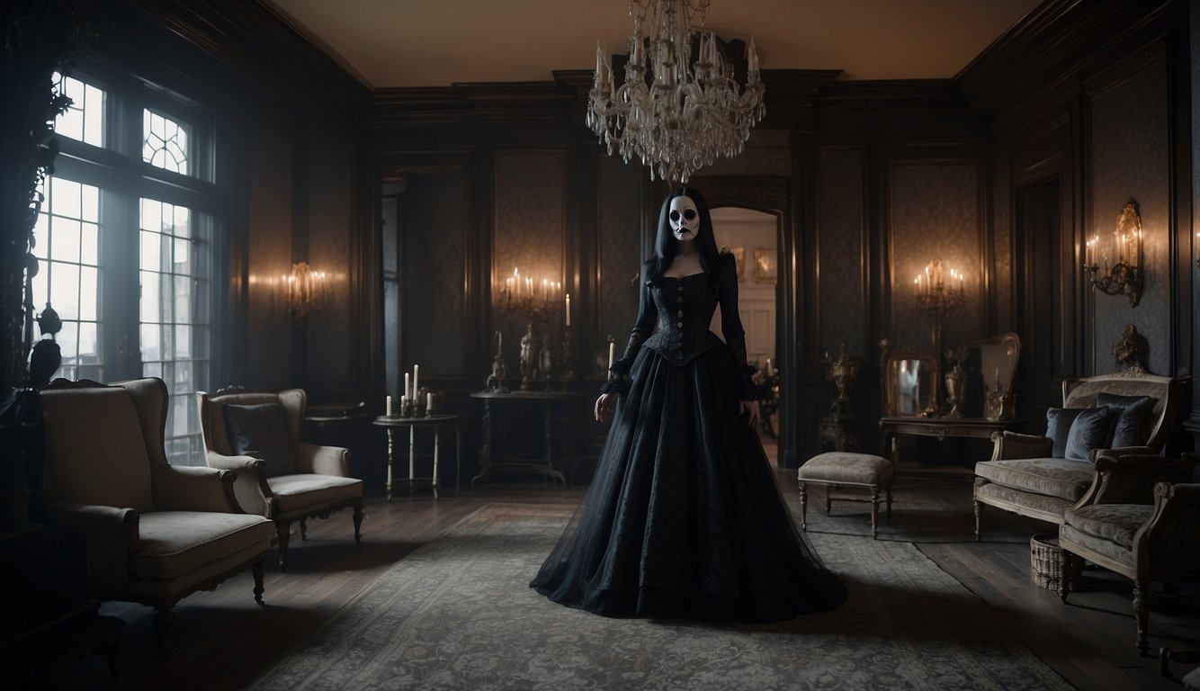 A spooky mansion with eerie lighting, cobwebs, and creepy decor. Addams family halloween costumes scattered around, including Gomez's pinstripe suit and Morticia's long black dress Addams Family Halloween Costumes
