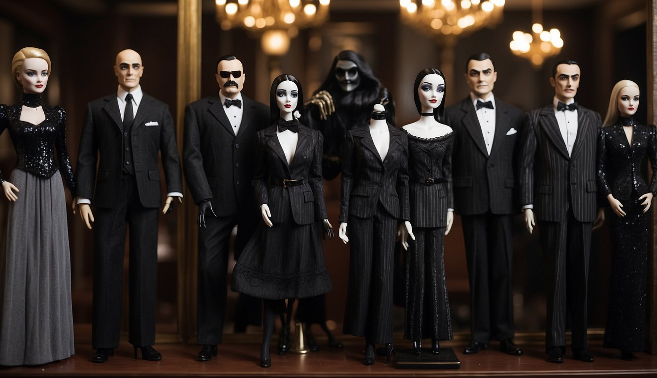 The iconic Addams Family characters' outfits are displayed on a rack, including Morticia's sleek black dress and Gomez's pinstripe suit Addams Family Halloween Costumes