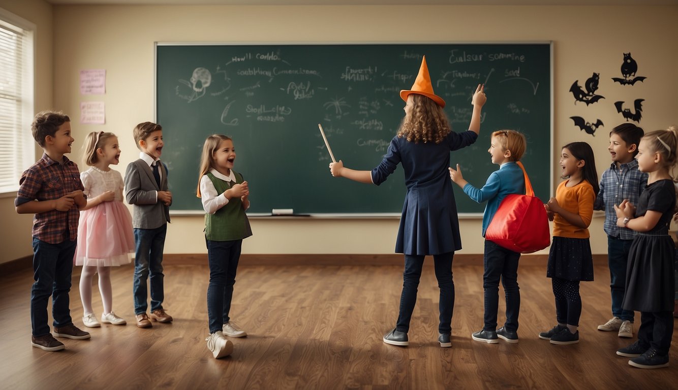 A classroom with a chalkboard displaying various Halloween costume ideas, such as witches, vampires, superheroes, and animals. A teacher stands at the front, pointing to the board with excitement Teacher Halloween Costume Ideas