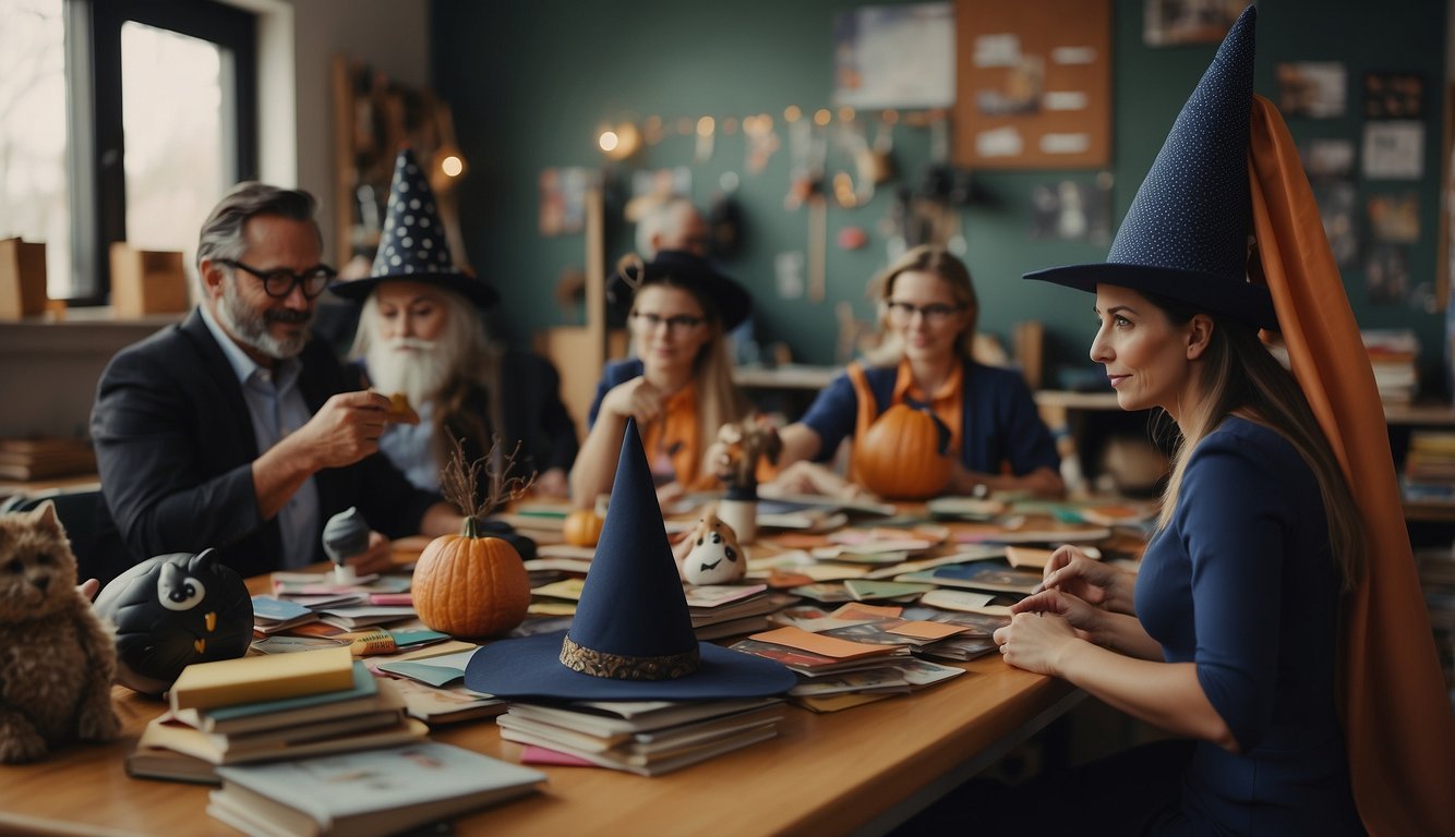 Teachers in costume brainstorming: witch hats, superhero capes, book characters, and spooky animals. Tables covered in fabric swatches and craft supplies Teacher Halloween Costume Ideas