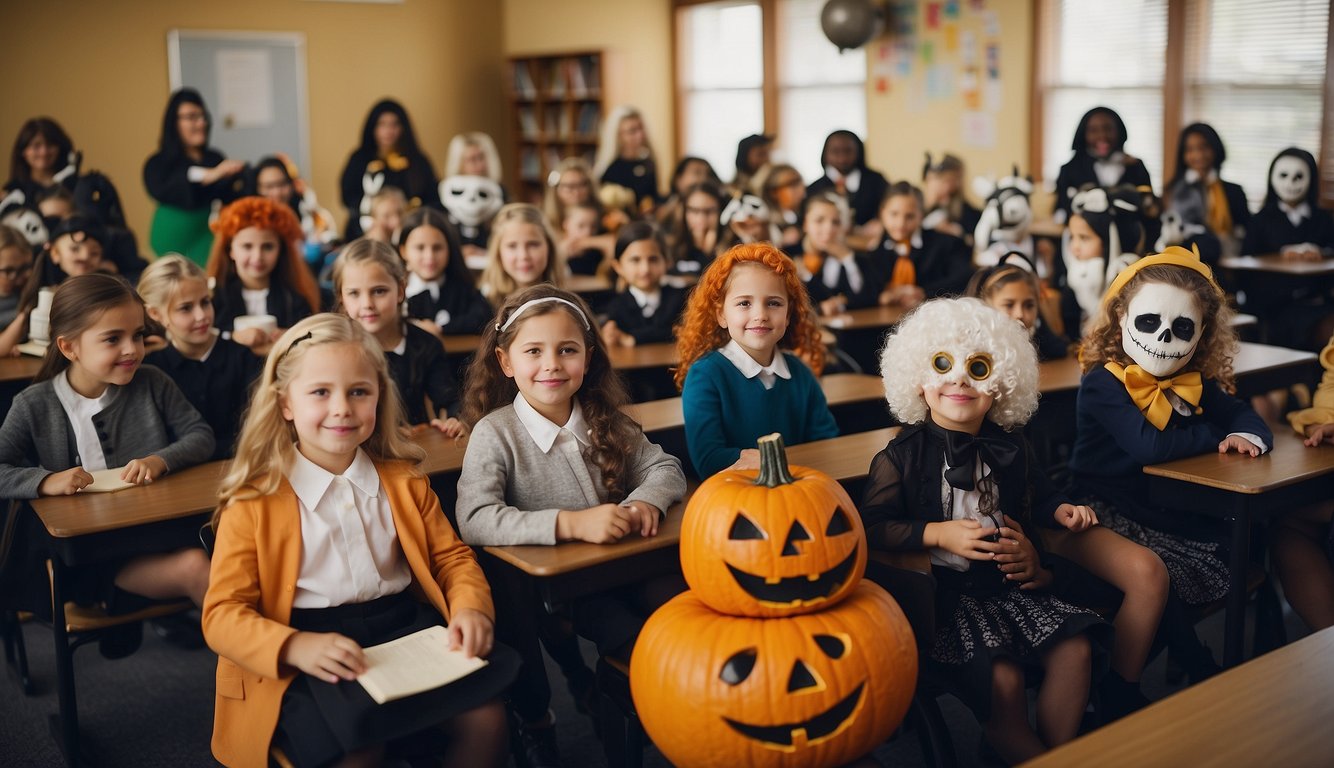 A classroom filled with teachers in creative Halloween costumes, incorporating educational themes like historical figures, literary characters, and scientific concepts Teacher Halloween Costume Ideas
