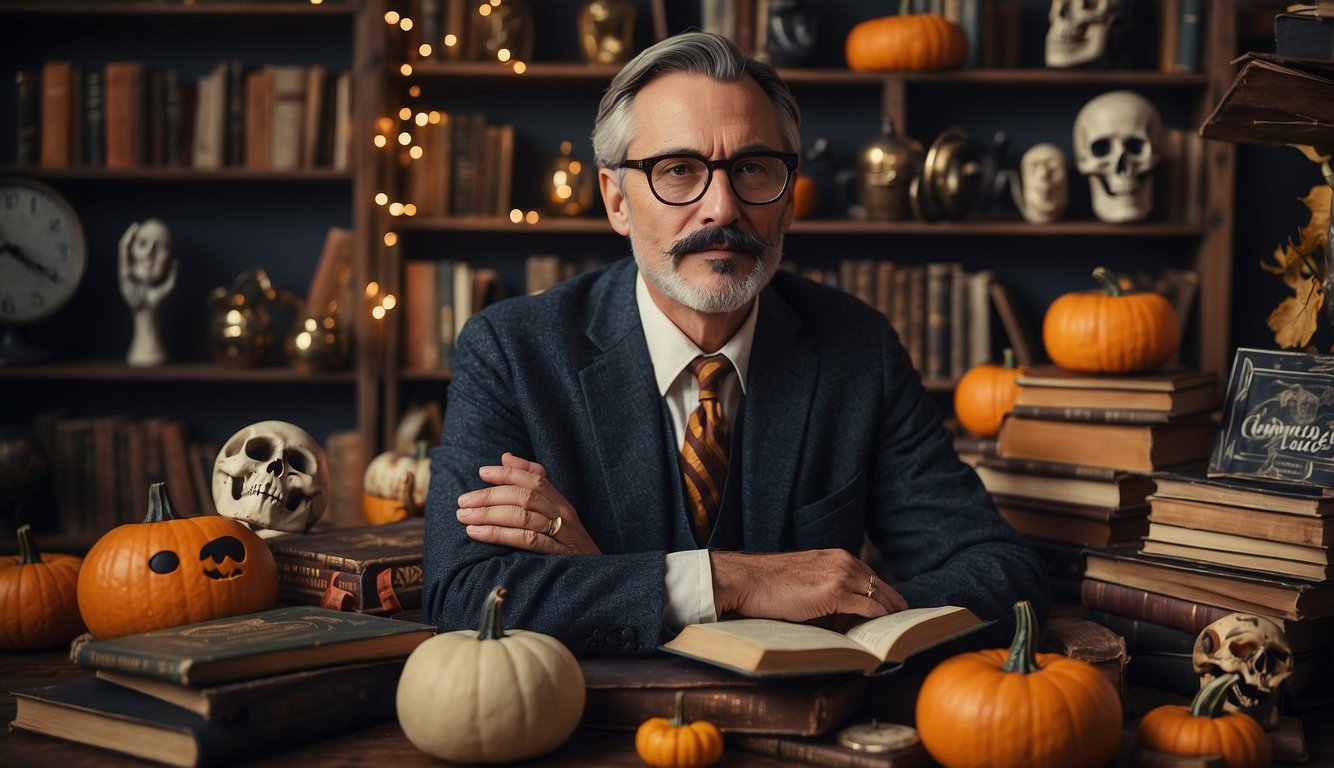 A teacher surrounded by iconic literary and movie props for Halloween costume ideas Teacher Halloween Costume Ideas