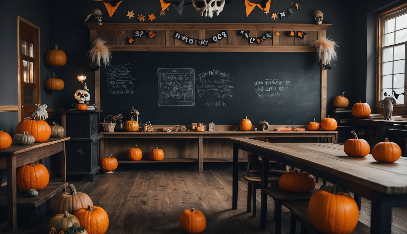 A table with craft supplies scattered, a teacher's desk with Halloween costume sketches, and a whiteboard with costume ideas written on it Teacher Halloween Costume Ideas
