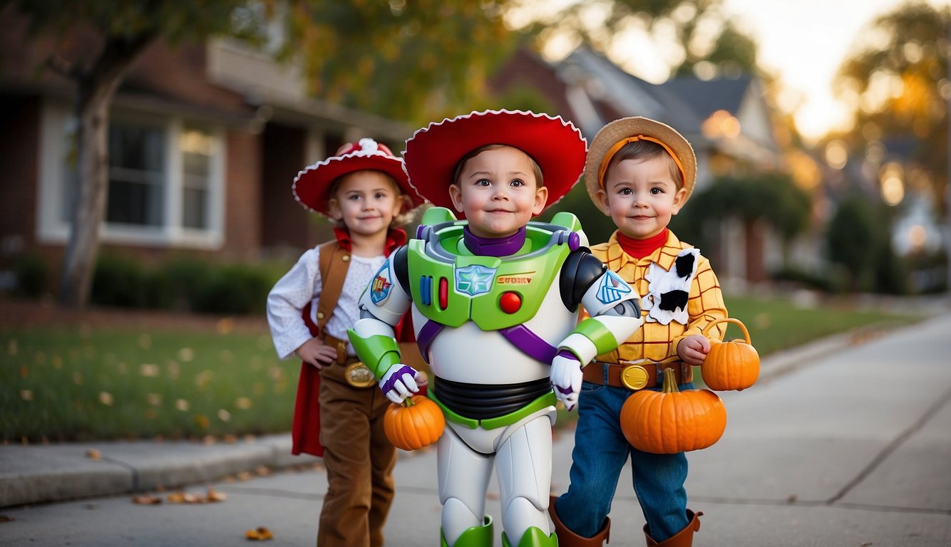 Children excitedly browse through shelves of Toy Story Halloween costumes at a store, pointing and discussing their favorites with their parents Toy Story Halloween Costumes