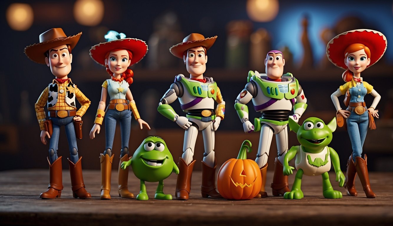 A pile of Toy Story character costumes scattered on the floor, including Woody, Buzz Lightyear, Jessie, and other recognizable characters Toy Story Halloween Costumes
