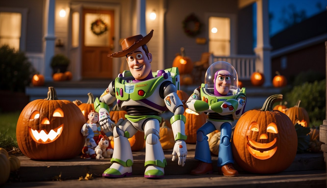 A family wearing Toy Story costumes, gathered around a pumpkin-filled porch, with spooky decorations and a full moon in the background Toy Story Halloween Costumes