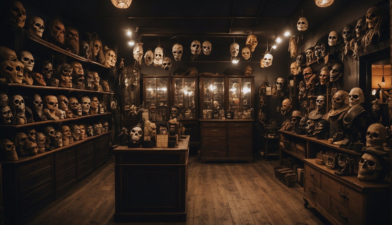A dimly lit costume shop with eerie decor and rows of scary adult Halloween costumes on display. Sinister masks and creepy props add to the spooky atmosphere Scary Adult Halloween Costumes