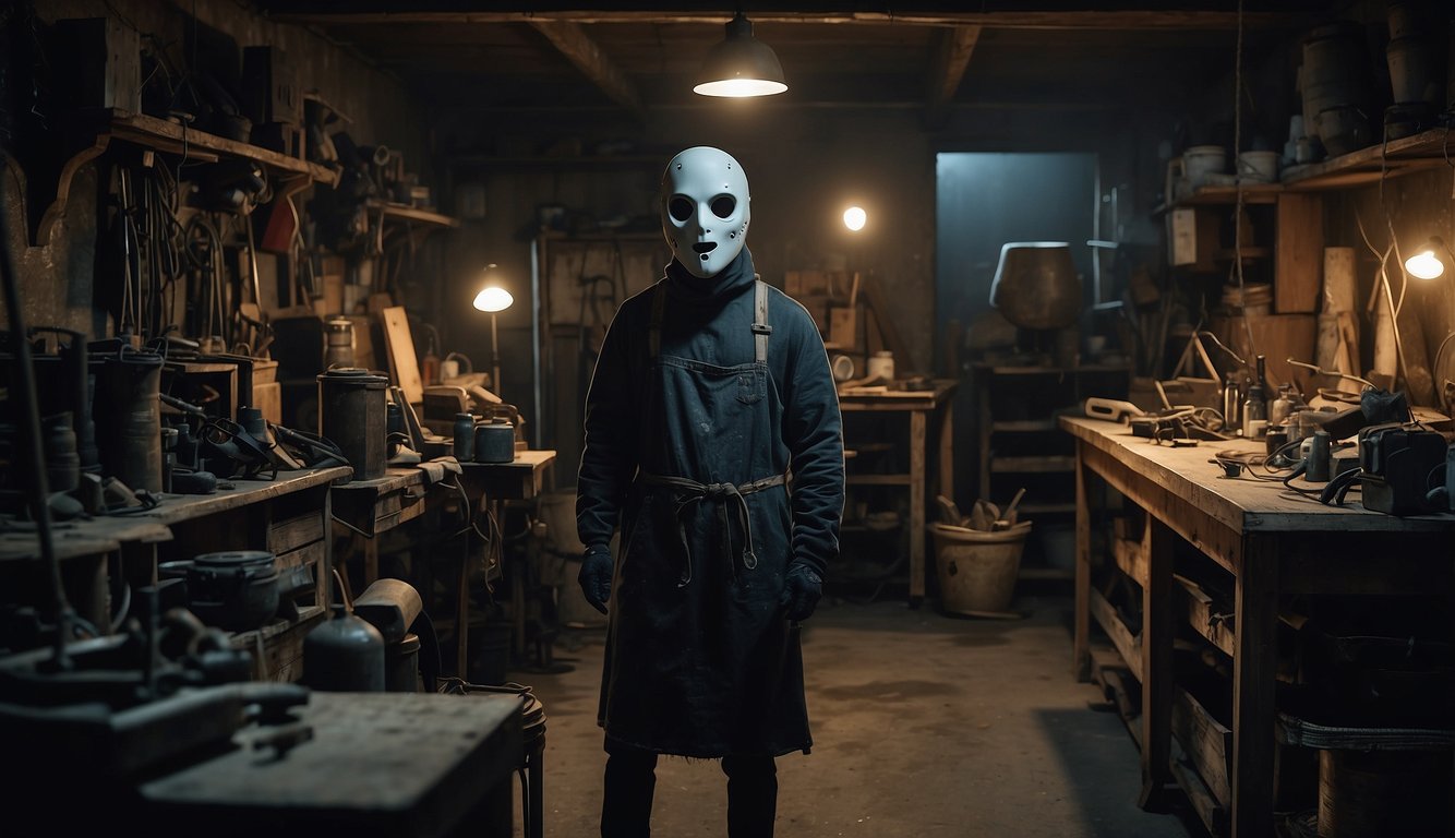 A dark basement workshop with scattered tools and materials. A mannequin wearing a terrifying mask and tattered clothing. Sinister props and eerie lighting complete the scene Scary Adult Halloween Costumes