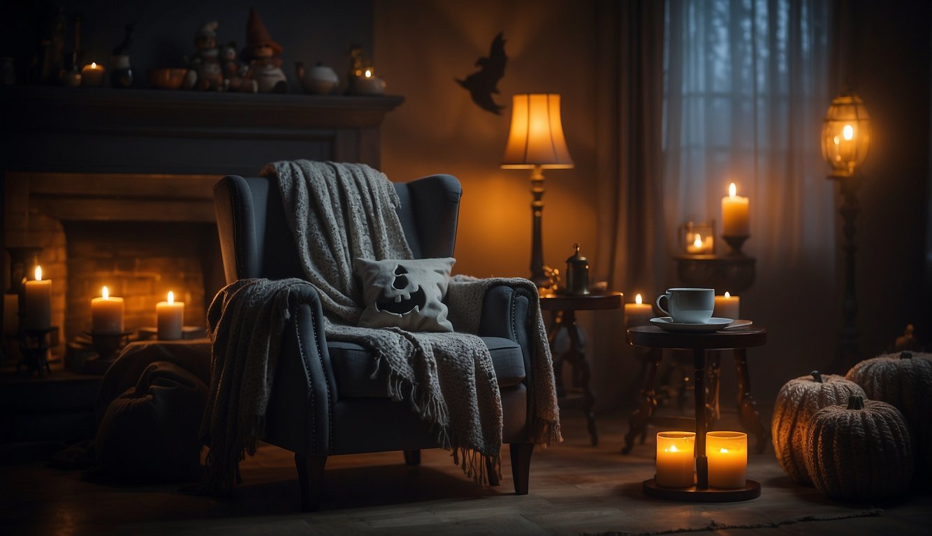 A dimly lit room with eerie decorations. A cozy armchair with a warm blanket and a cup of tea. A table with safety tips for scary adult Halloween costumes Scary Adult Halloween Costumes