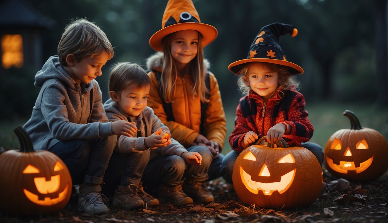 Children in various Halloween costumes gather around a well-lit jack-o-lantern,  while a parent checks their safety reflectors Costumes Halloween