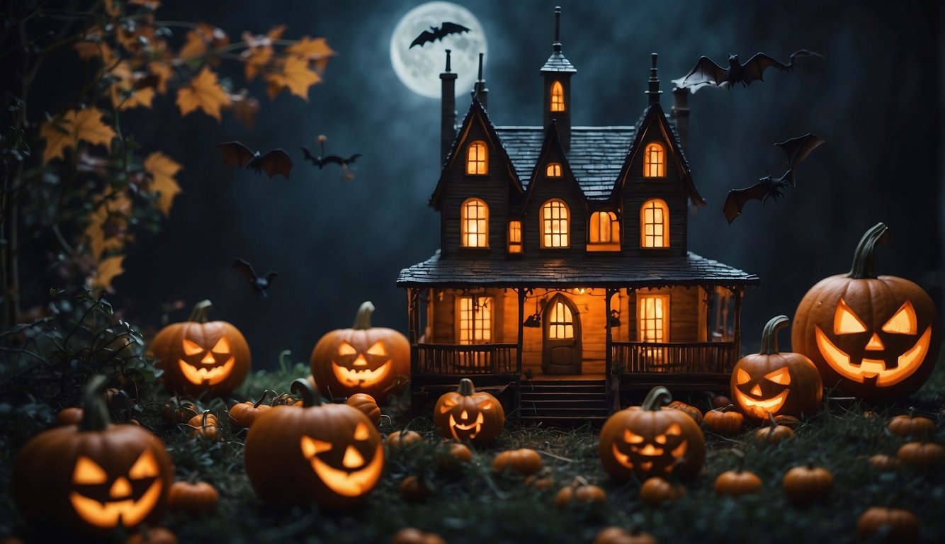 A spooky haunted house with jack-o-lanterns, bats, and witches flying on broomsticks Costumes Halloween