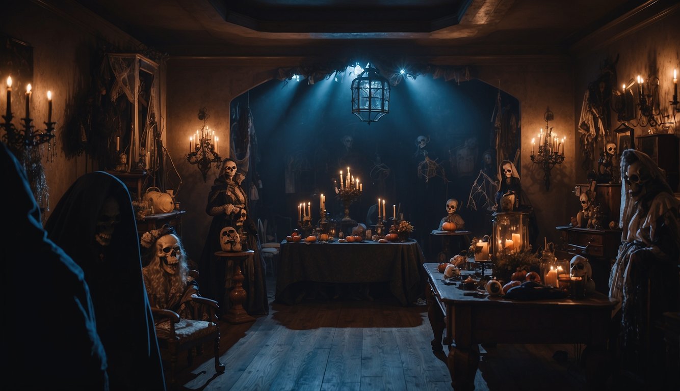 A dimly lit room filled with eerie decorations and spooky props. Guests in terrifying costumes mingle, creating an atmosphere of fright and excitement Scary Adult Halloween Costumes