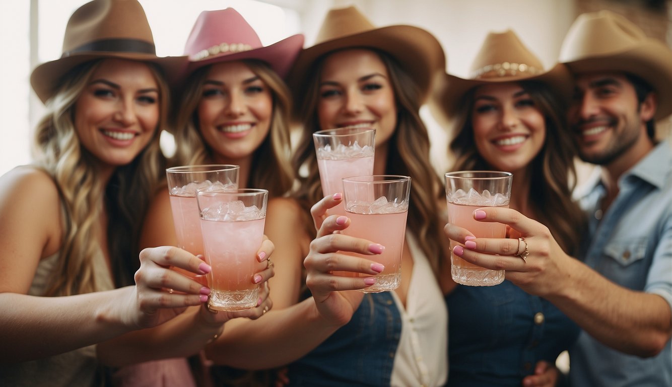 A group of women in cowboy hats, boots, and fringe skirts, holding pink cowboy boots and sipping from personalized shot glasses at a bachelorette party Western Bachelorette Outfits