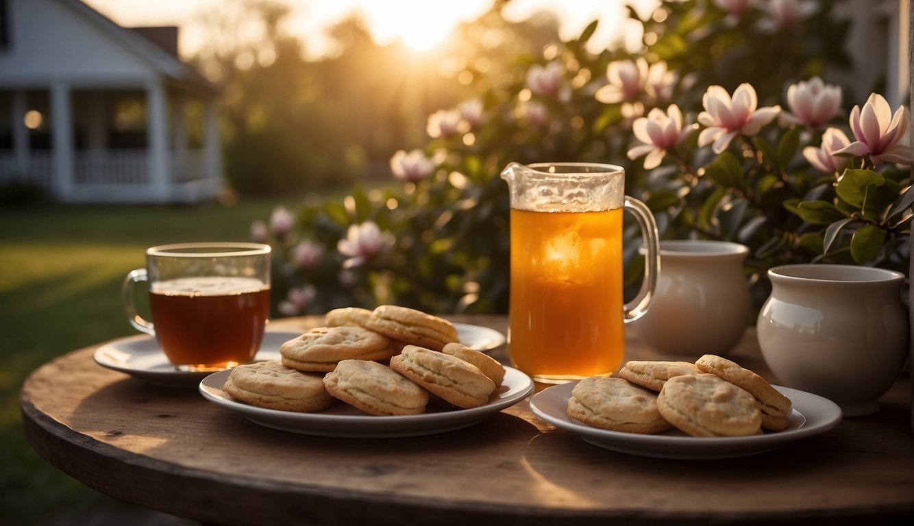 A family gathers on a porch, with a pitcher of sweet tea and a plate of homemade biscuits. The sun sets behind a row of magnolia trees, casting a warm glow over the scene Southern Etiquette