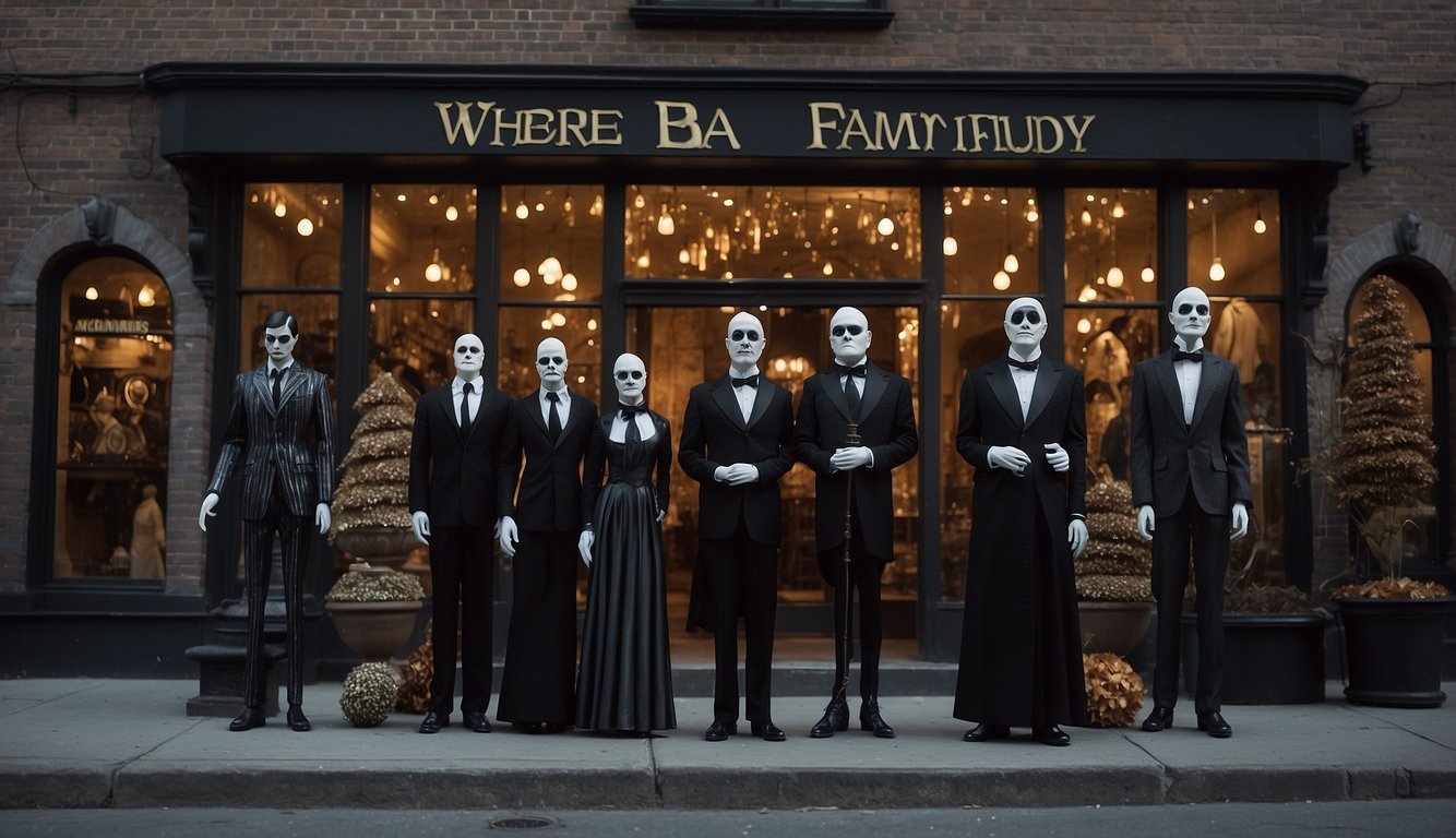 A spooky storefront with a sign reading "Where to Buy Addams Family Costumes" surrounded by eerie decorations and mannequins dressed as iconic Addams Family characters Addams Family Halloween Costumes