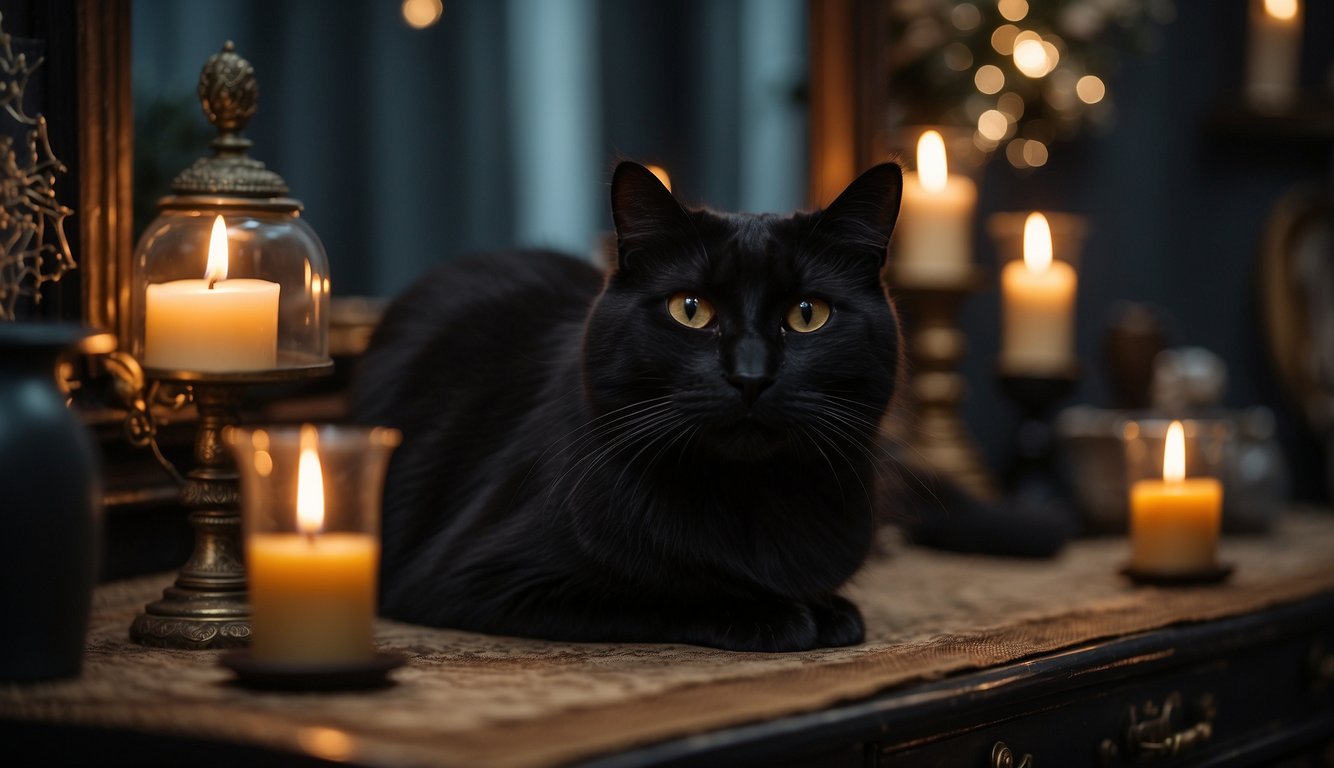 The Addams family halloween costumes are laid out on a vintage dressing table, surrounded by cobwebs and flickering candlelight. A black cat sits nearby, adding an eerie touch to the scene Addams Family Halloween Costumes