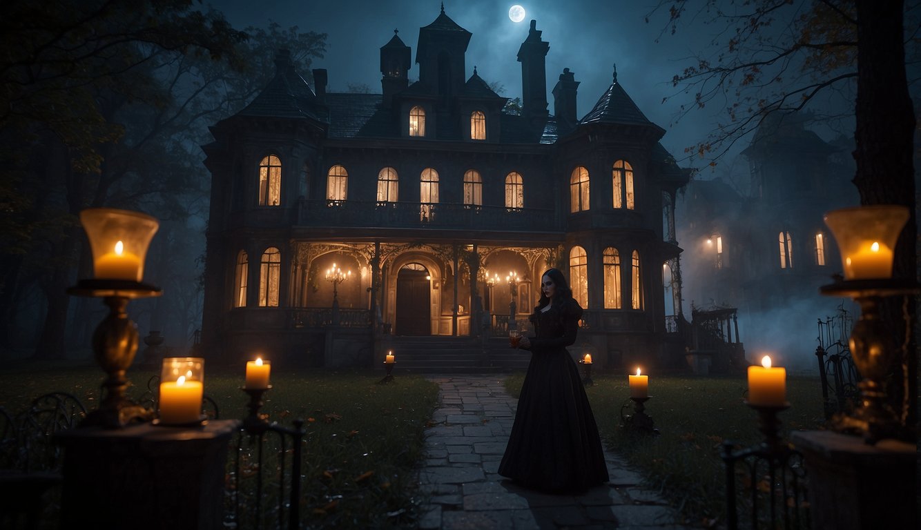 A spooky mansion with eerie decor, cobwebs, and flickering candles. Guests in Addams Family costumes mingle, sipping potions and cackling Addams Family Halloween Costumes