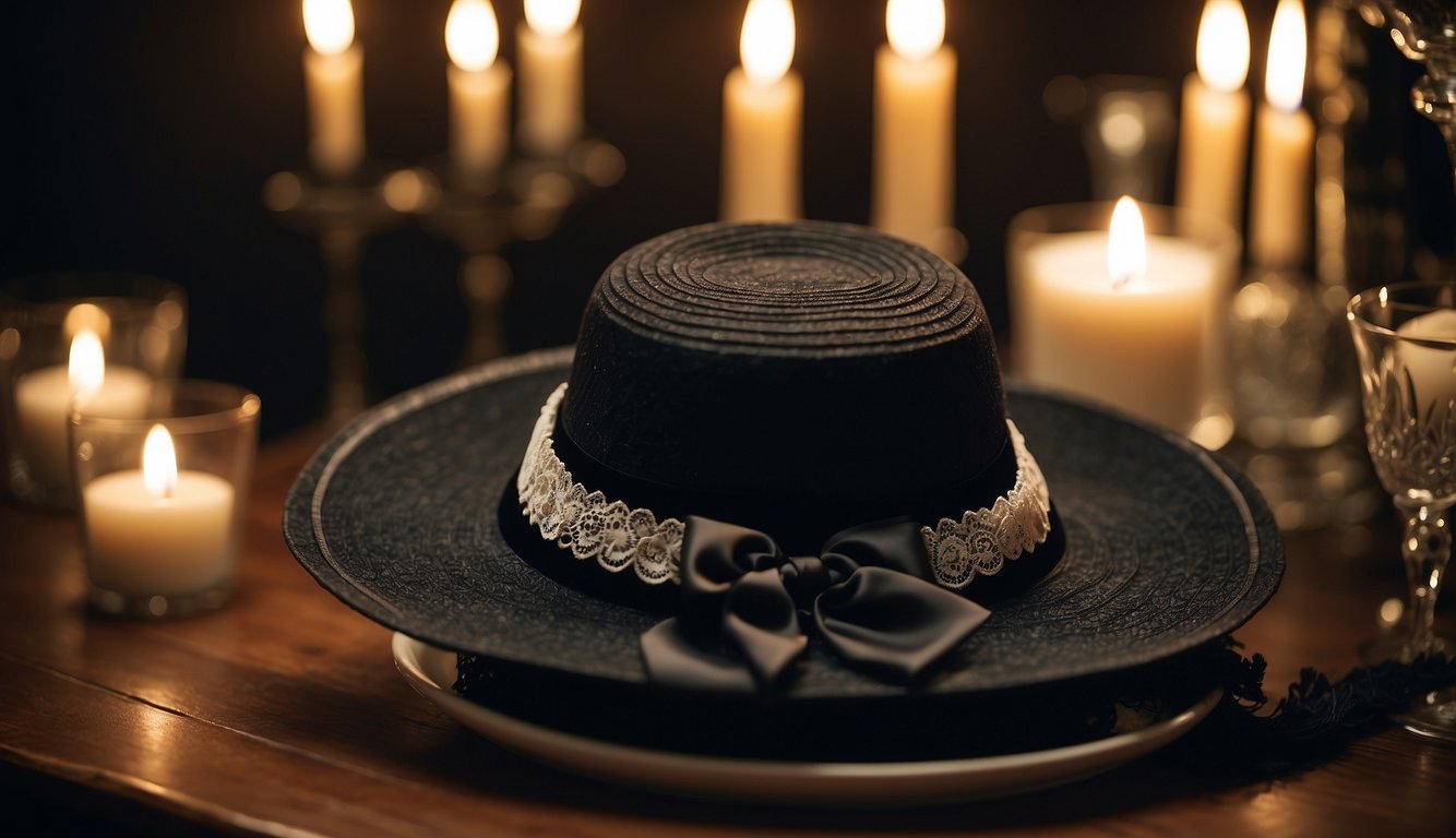 A table with vintage lace gloves, a black bow tie, a wide-brimmed hat, and a velvet choker. A candelabra with dripping candles sits nearby Addams Family Halloween Costumes