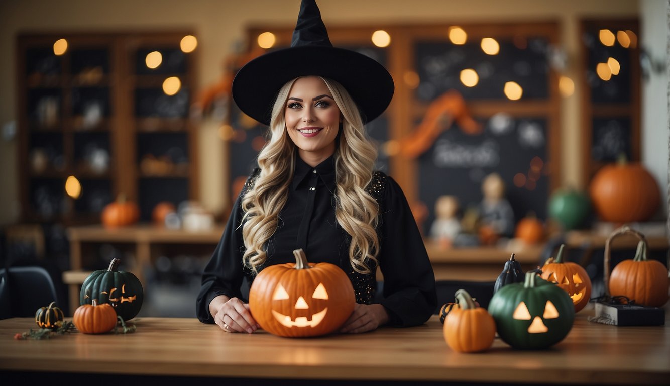 A teacher dressed as a friendly witch, surrounded by Halloween decorations and seasonal activities in a classroom setting Teacher Halloween Costume Ideas