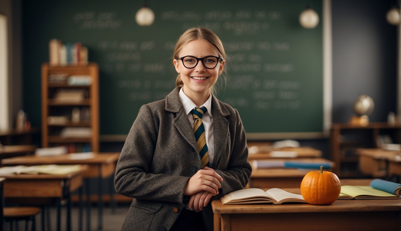 A classroom setting with a chalkboard, desk, and bookshelves. Teacher costumes on display, including a lab coat, tweed jacket, and glasses Teacher Halloween Costume Ideas