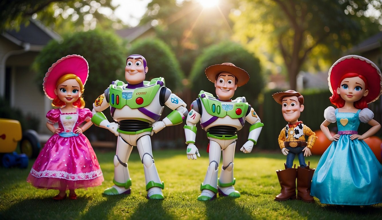 Children in DIY Toy Story costumes play in a backyard filled with colorful toys and props. The costumes include Woody, Buzz Lightyear, and Jessie Toy Story Halloween Costumes