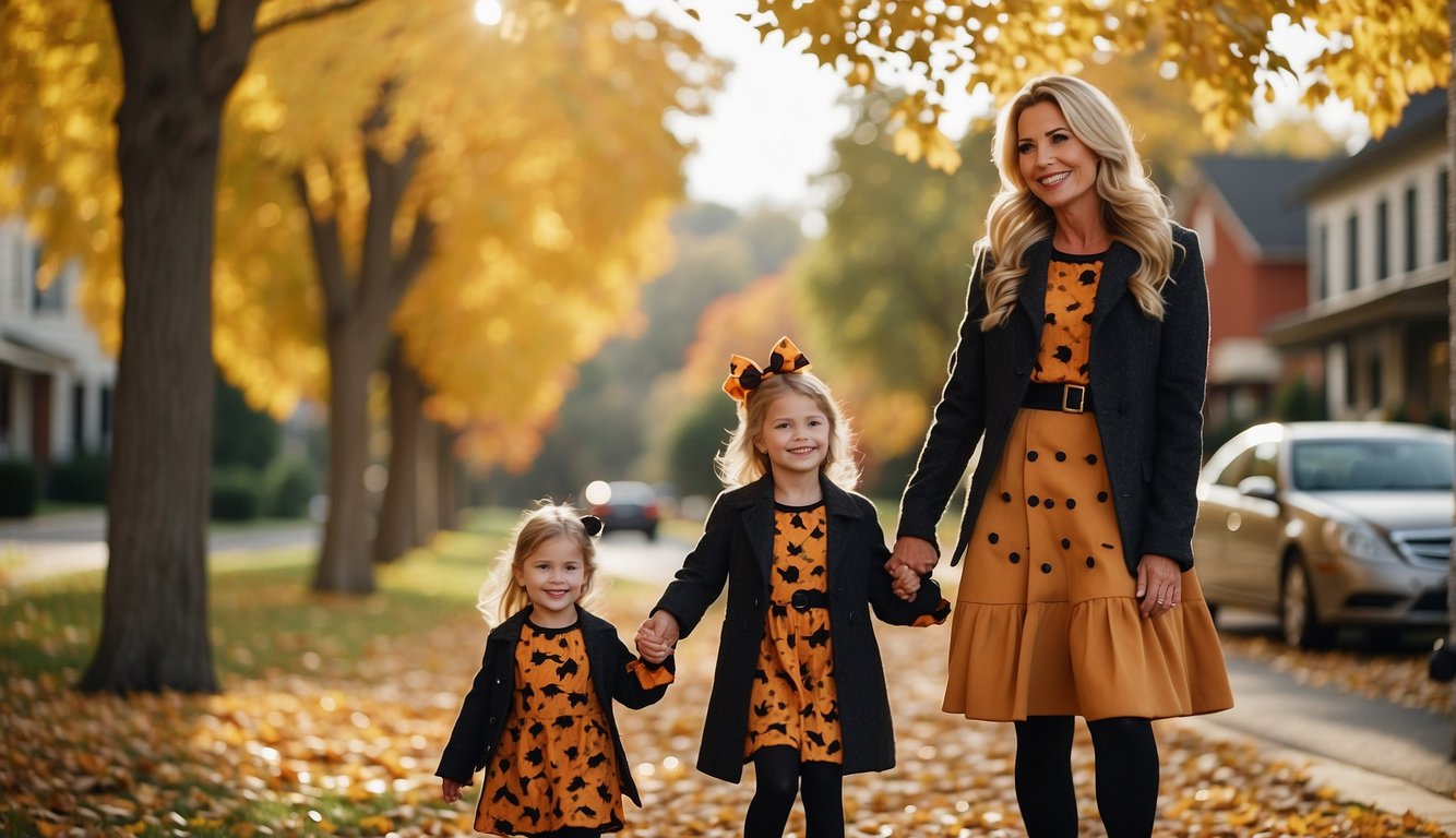 A mother and daughter in matching Halloween costumes, holding hands and smiling as they walk through a neighborhood filled with colorful autumn leaves Mom and Daughter Halloween Costume Ideas