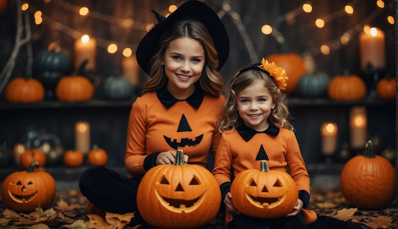 A mother and daughter dressed in matching Halloween costumes, surrounded by spooky decorations and pumpkins Mom and Daughter Halloween Costume Ideas