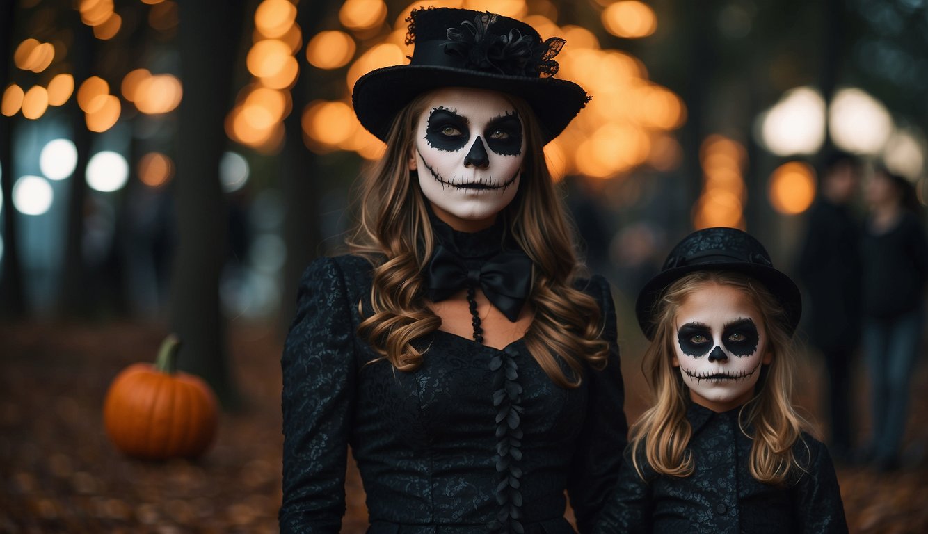 A mother and daughter stand side by side, wearing matching DIY Halloween costumes. They are smiling and holding hands, surrounded by festive decorations Mom and Daughter Halloween Costume Ideas